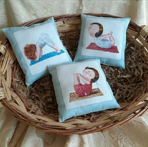 Set/3 Yoga Mini Pillow Babies Doing Yoga Blue